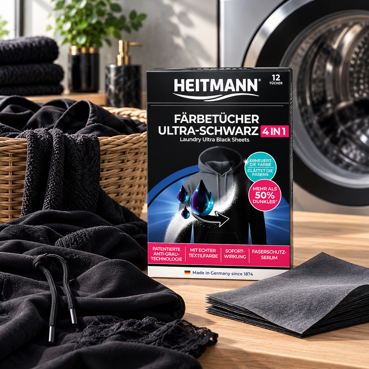 Heitmann Ultra Black 4-in-1 Fargefornyende Vaskeark 12pk