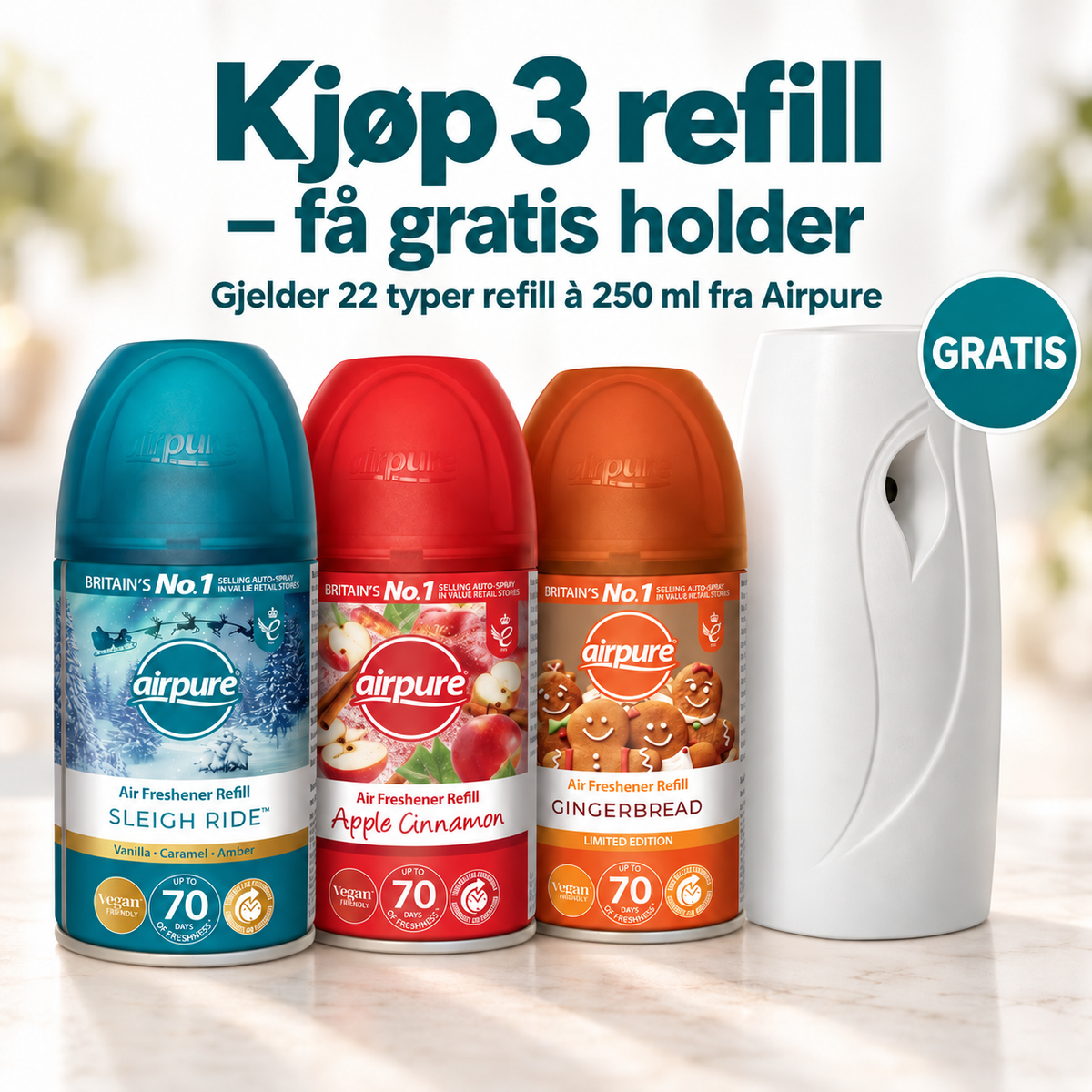 Kjøp 3 Airpure refill få gratis holder