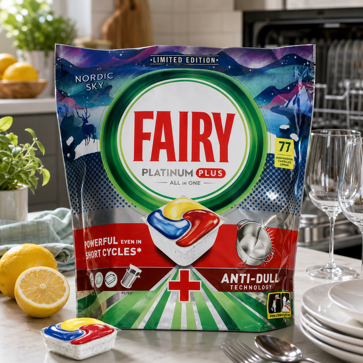 Fairy Platinum Plus All in One Dishwasher Capsules Nordic Sky 77w