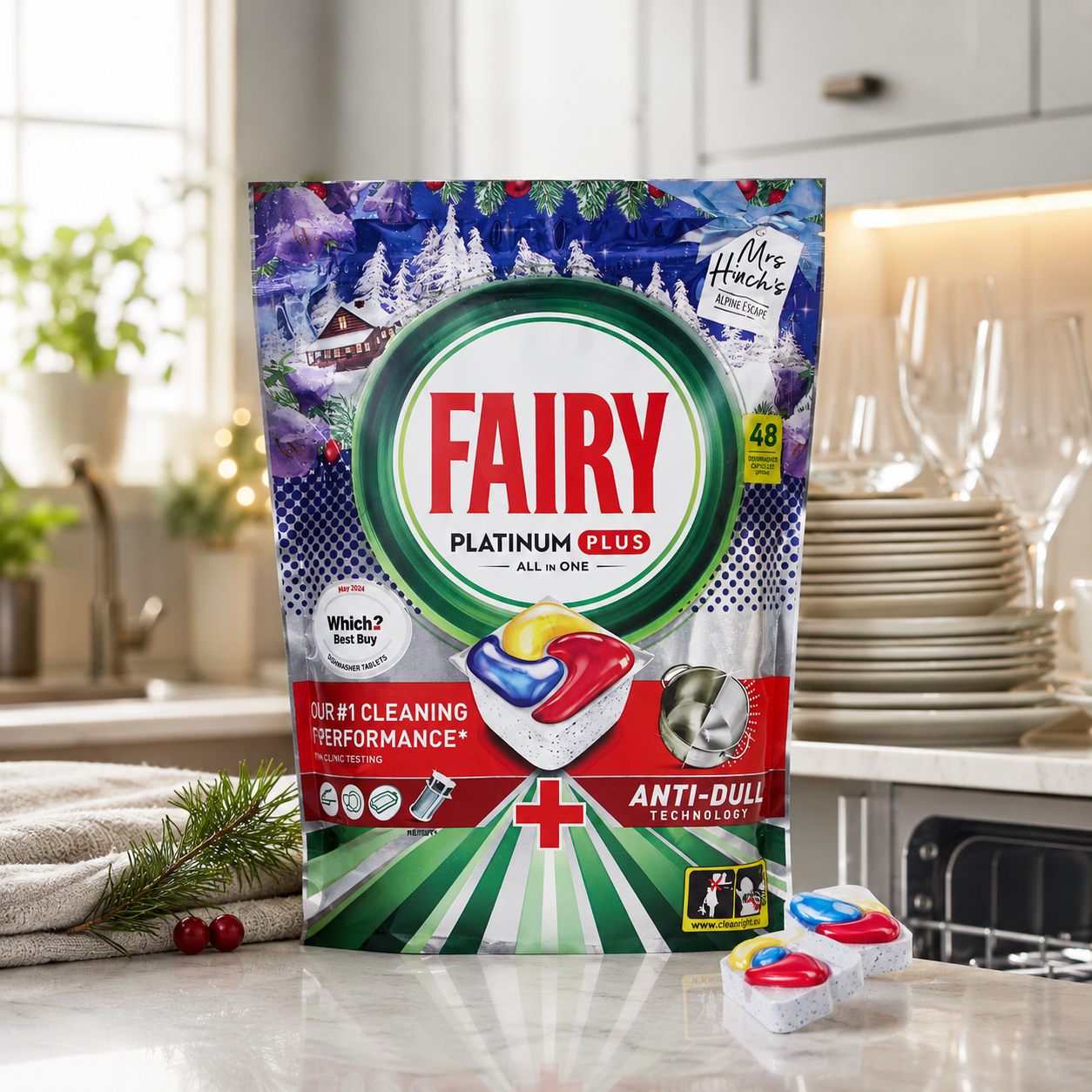 Fairy Platinum Plus All in One Dishwasher Capsules Mrs. Hinch's Alpine Escape 48w