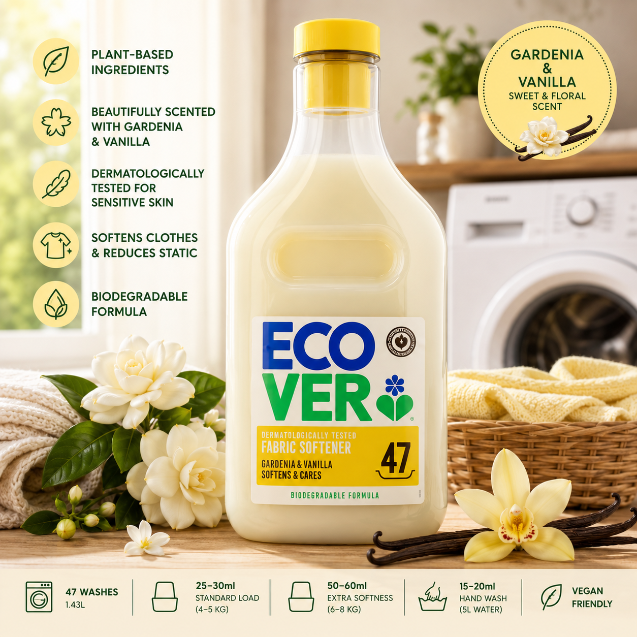 Ecover Fabric Softener Gardenia & Vanilla 47w 1.43L