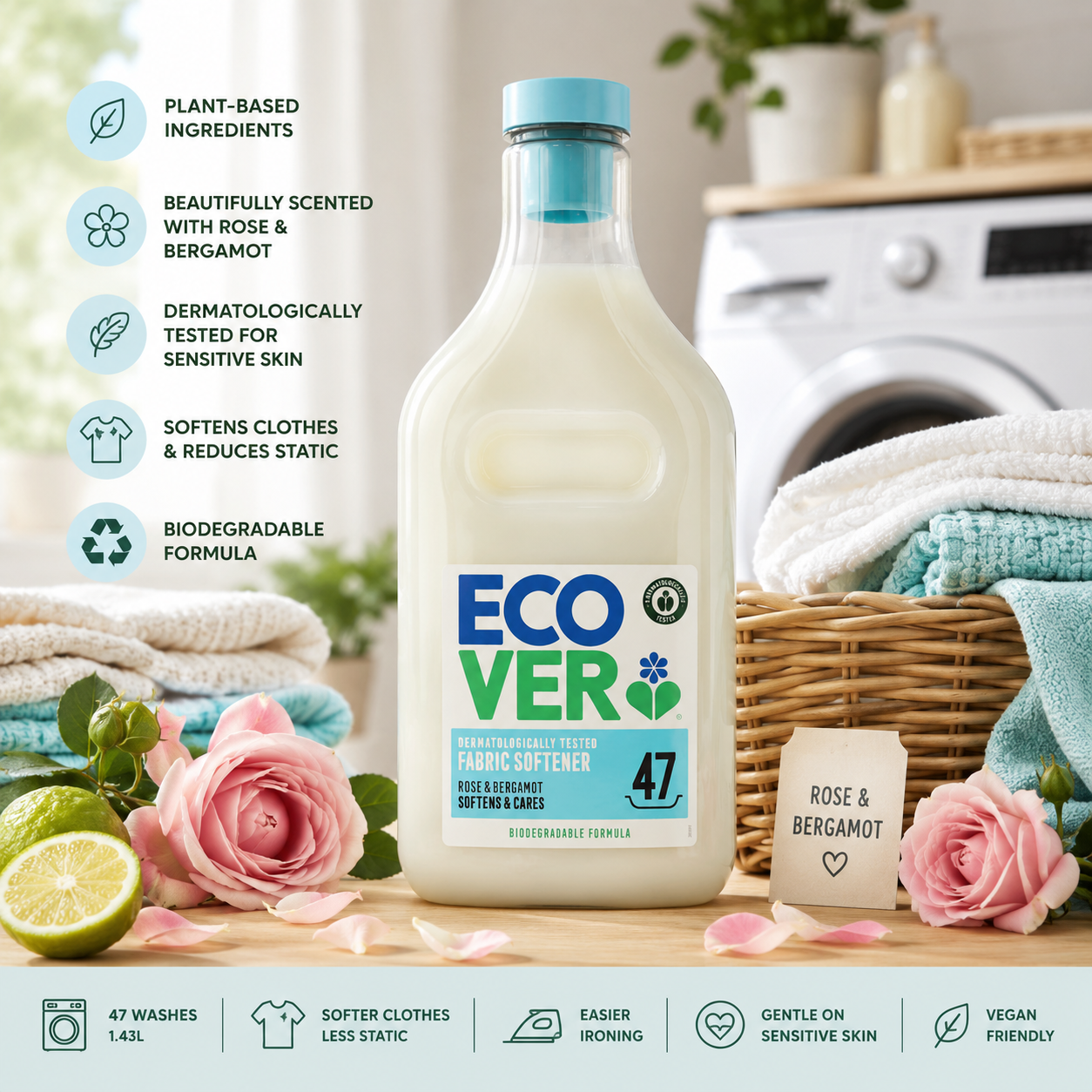 Ecover Fabric Softener Rose & Bergamot 47w 1.43L