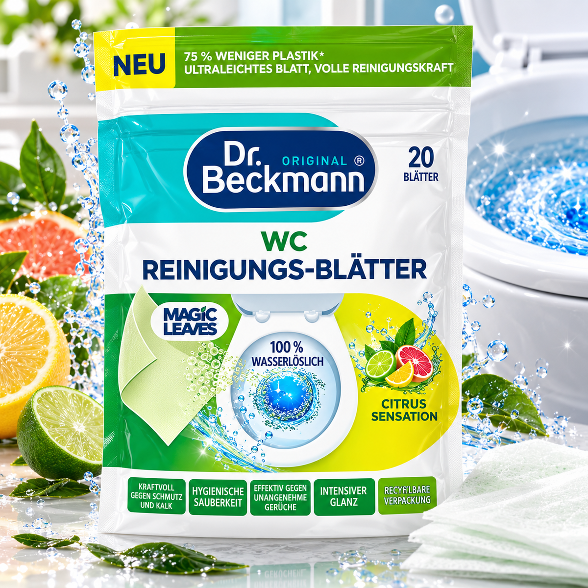 Dr. Beckmann Magic Leaves WC-Rengjøringsark Citrus 20 stk