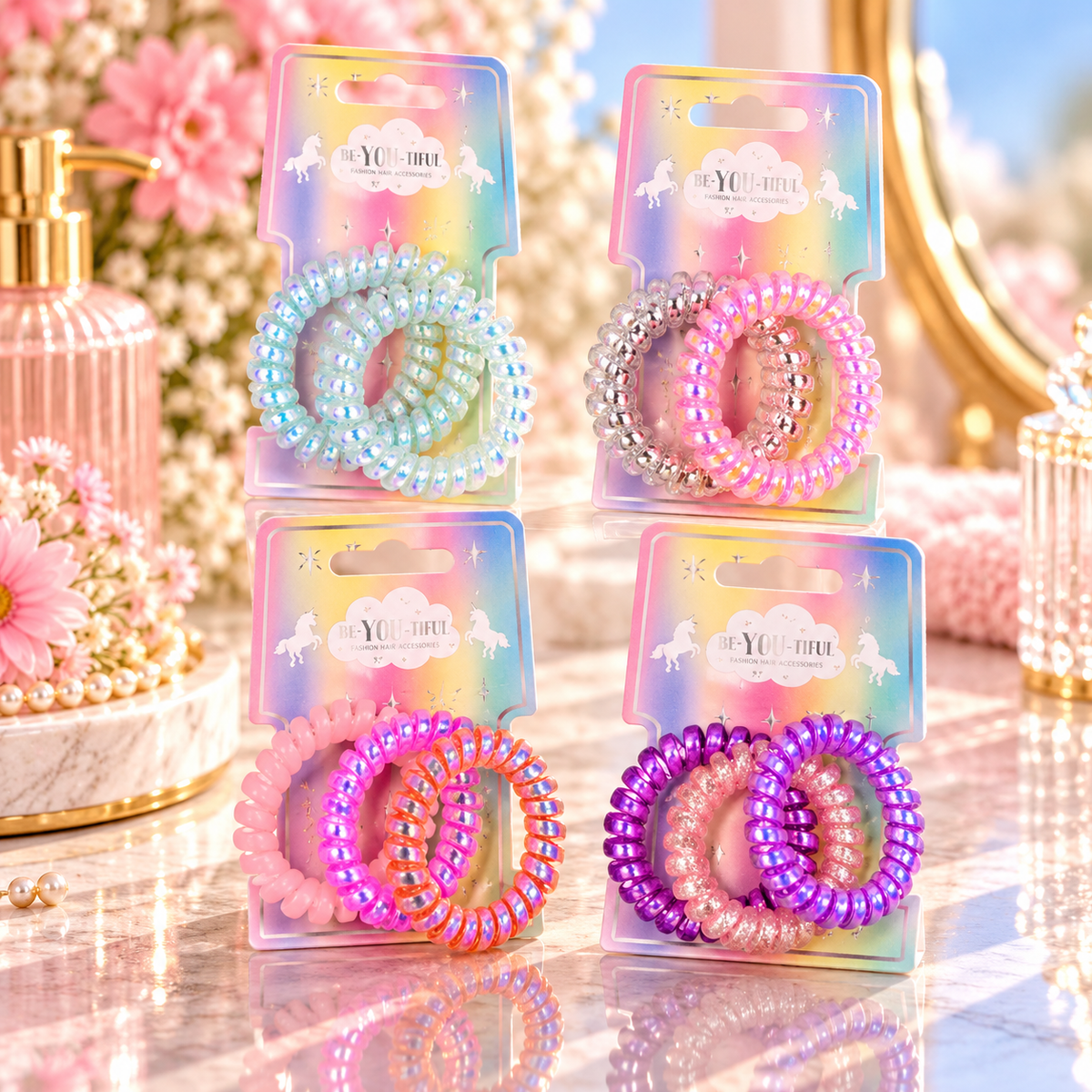 BE-YOU-TIFUL Rainbow Spiralhårstrikker til Barn 3pk Div.Typer